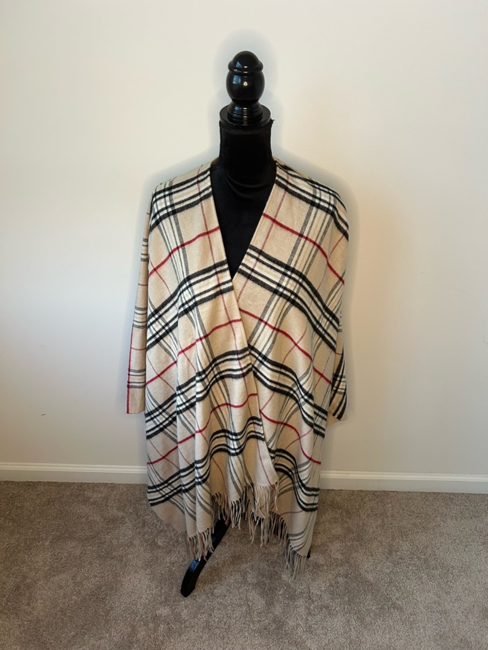 Plaid Fringe Wrap Cape - Beige, Black & Red